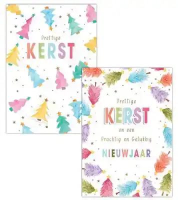 Kerstkaart 2025 Prettige kerst gekleurde bomen