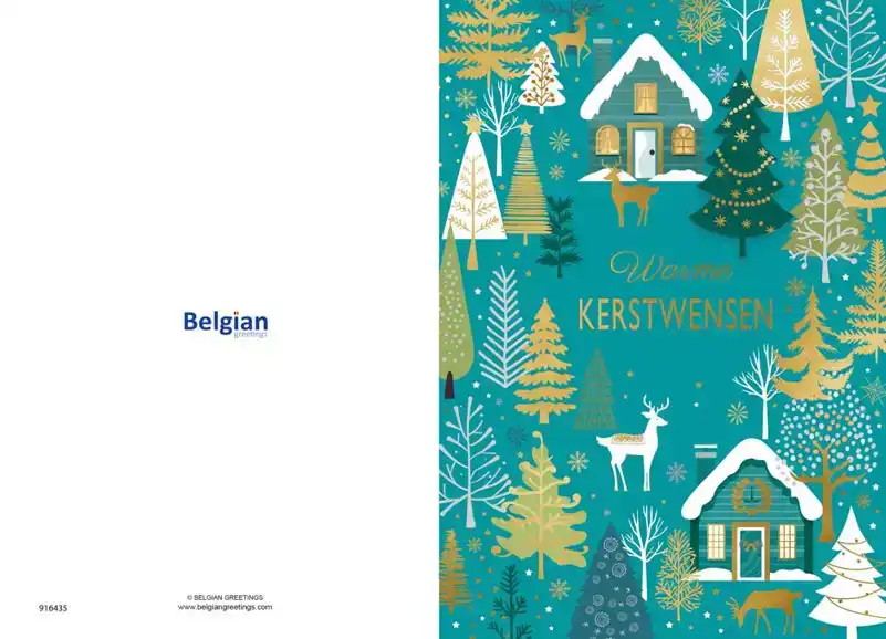 Kerstkaart 2025 kerstdagen wit bomen vuurwerk/ kerstbomen huisjes hertjes