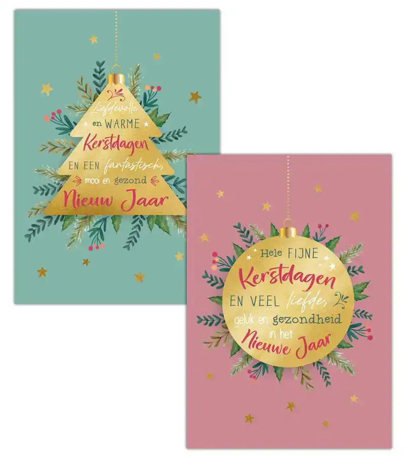 Kerstkaart 2025 kerstdagen groen boom/ kerstdagen roze kerstbal