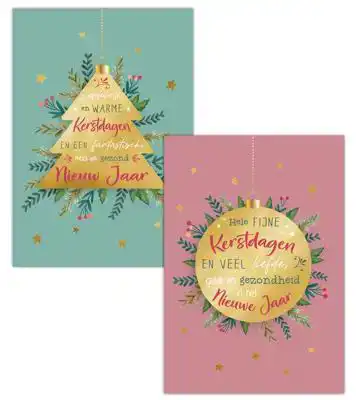 Kerstkaart 2025 kerstdagen groen boom/ kerstdagen roze kerstbal