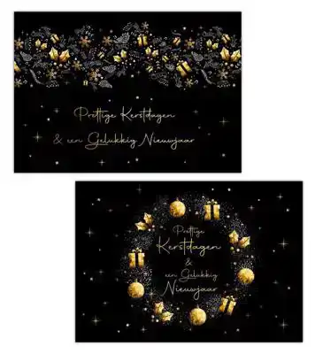 Kerstkaart 2025 zwart goud ballen en cadeautjes