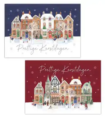 Kerstkaart 2025 Kersthuisjes rood en blauw