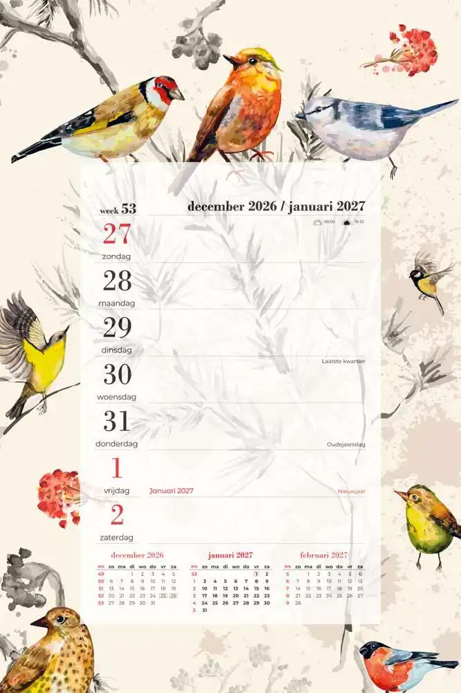Weekblok met koord vogels getekend 2027