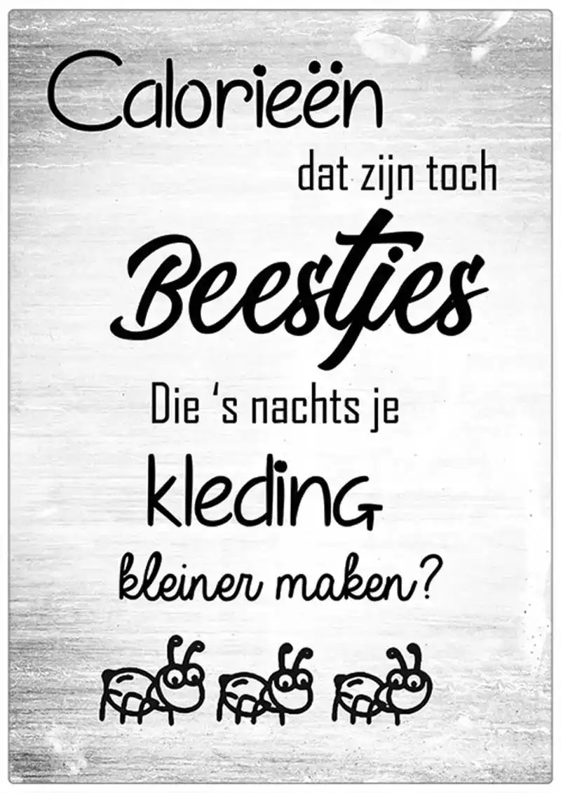 Spreukenbordje: Calorieën, Dat Zijn Toch Beestjes Die 's Nachts Je Kleding Kleiner Maken? | Houten T
