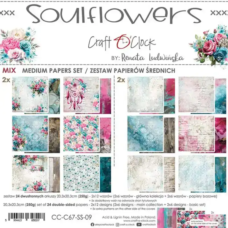 Craft O Clock - Soulflowers 20 x 20 mix paper pad