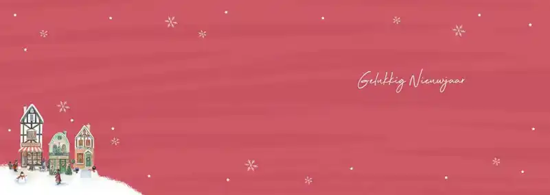 Kerstkaart 2025 Kersthuisjes rood en blauw