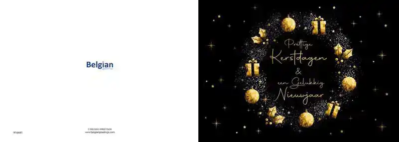 Kerstkaart 2025 zwart goud ballen en cadeautjes