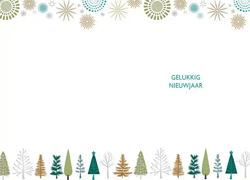 Kerstkaart 2025 kerstdagen wit bomen vuurwerk/ kerstbomen huisjes hertjes