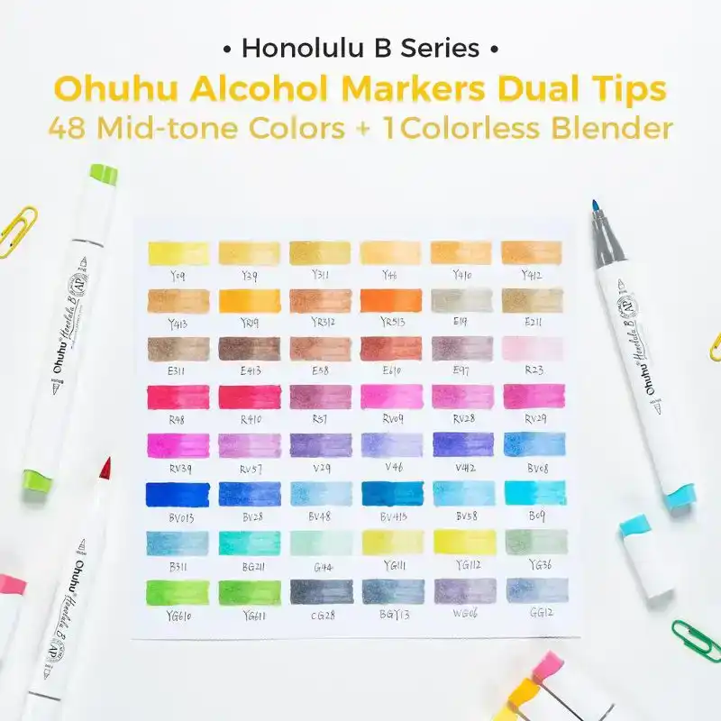 Ohuhu Honolulu B48 Mid-Tone Colors Alcohol Markers Dual Tip Set