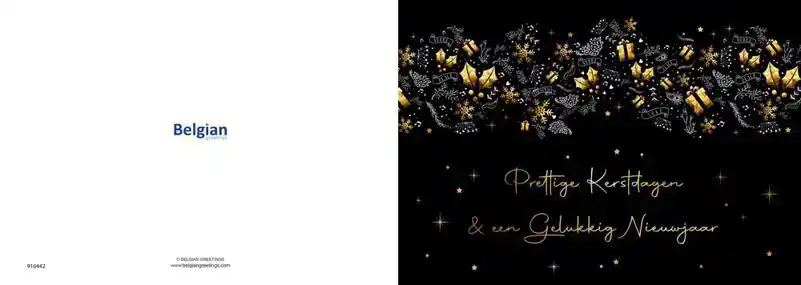 Kerstkaart 2025 zwart goud ballen en cadeautjes