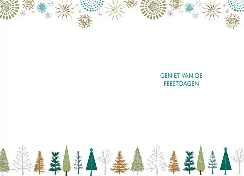 Kerstkaart 2025 kerstdagen wit bomen vuurwerk/ kerstbomen huisjes hertjes
